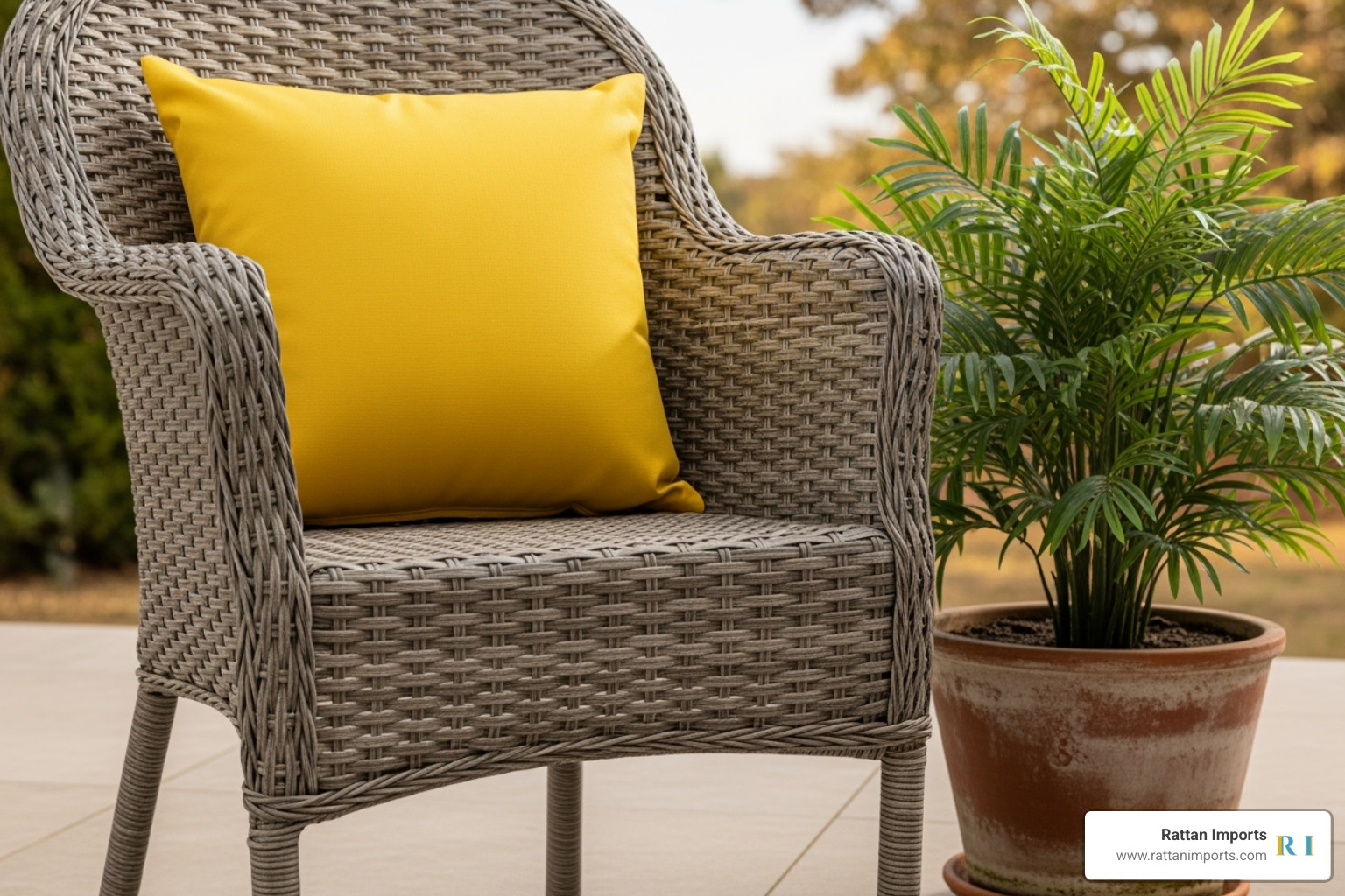 grey wicker chair styled with a vibrant yellow throw pillow and a potted plant - grey wicker patio set
