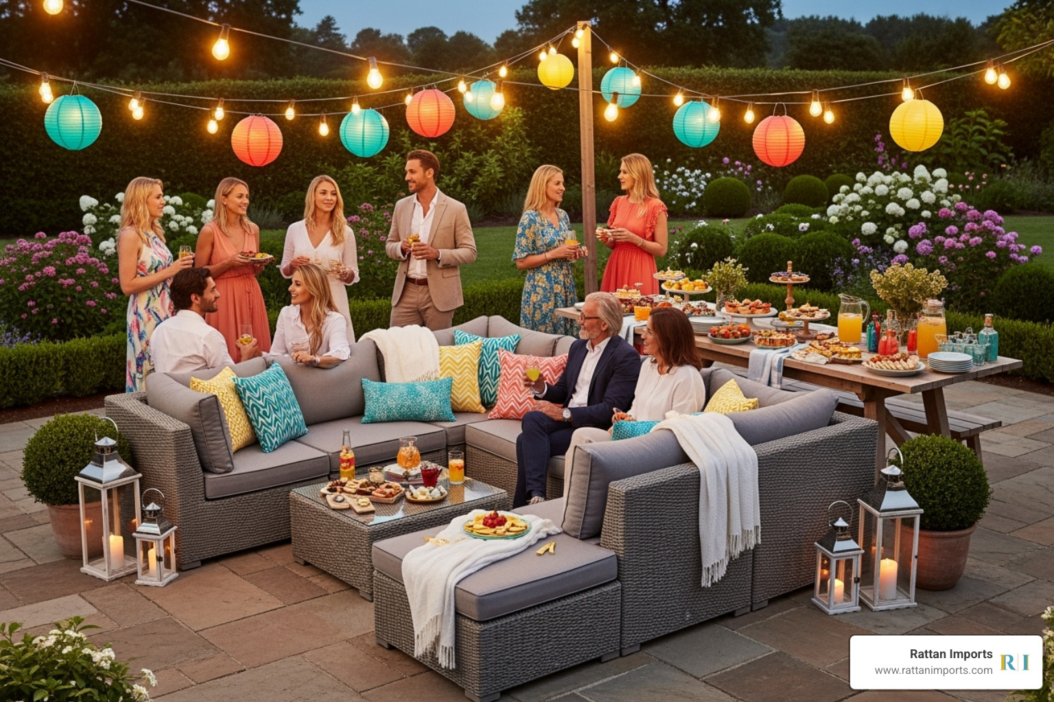 large grey wicker sectional sofa arranged for a party - grey wicker patio set