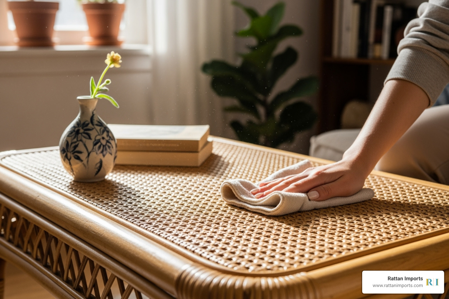 person gently wiping a rattan table with a soft cloth - natural rattan furniture