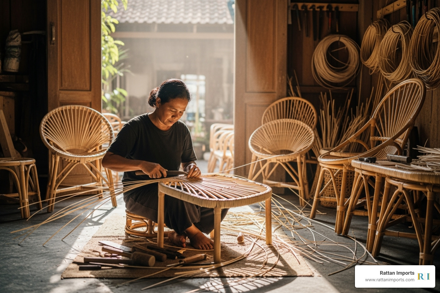 artisan in Indonesia hand-weaving a rattan chair frame - natural rattan furniture