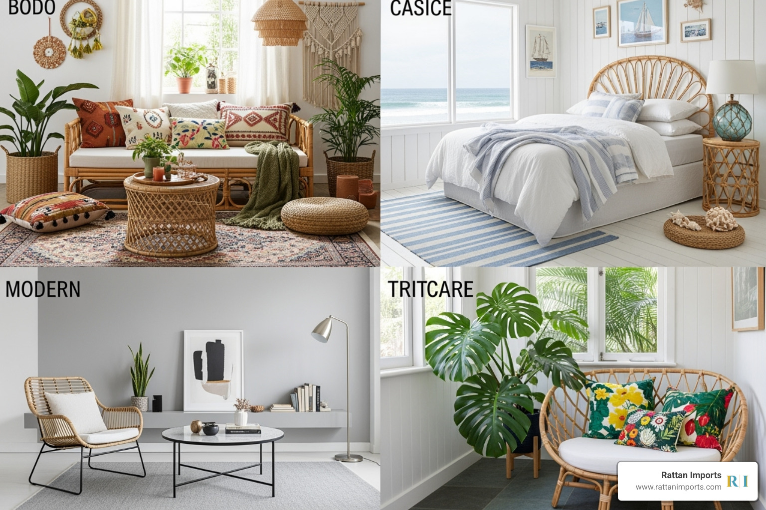 collage showcasing rattan furniture in different interior design styles: Boho, Coastal, Modern, and Tropical - natural rattan furniture
