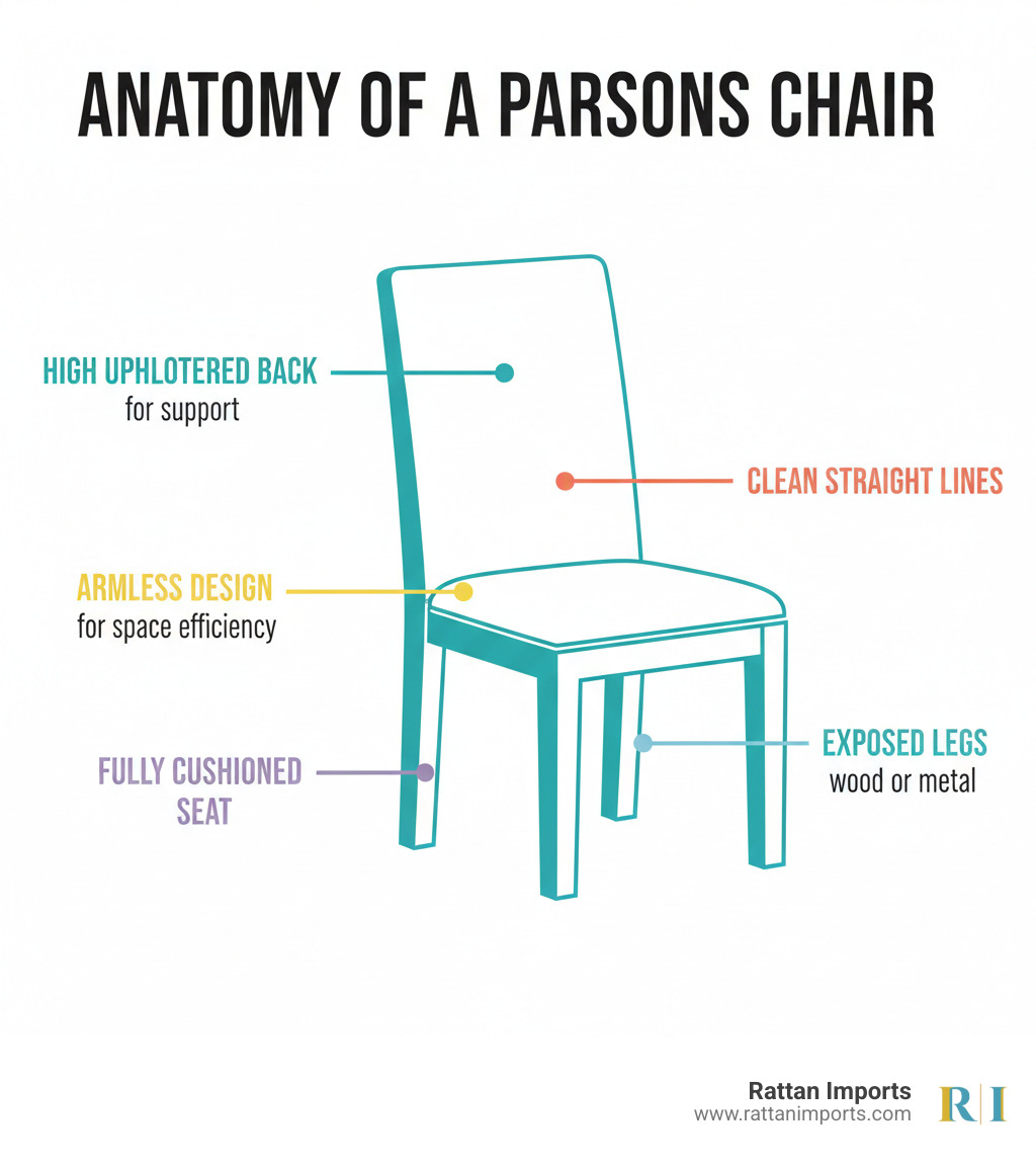 Infographic showing the anatomy of a Parsons chair with labeled features: high upholstered back for support, clean straight lines, armless design for space efficiency, fully cushioned seat, and exposed legs in wood or metal - parsons chairs infographic 