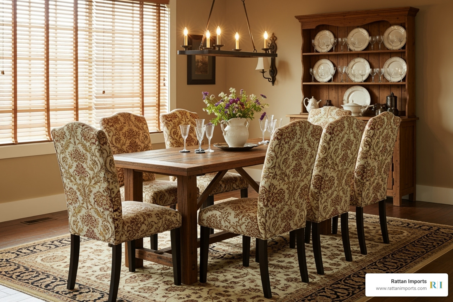 Parsons chairs with a classic pattern and dark wood legs next to a rustic dining table - parsons chairs
