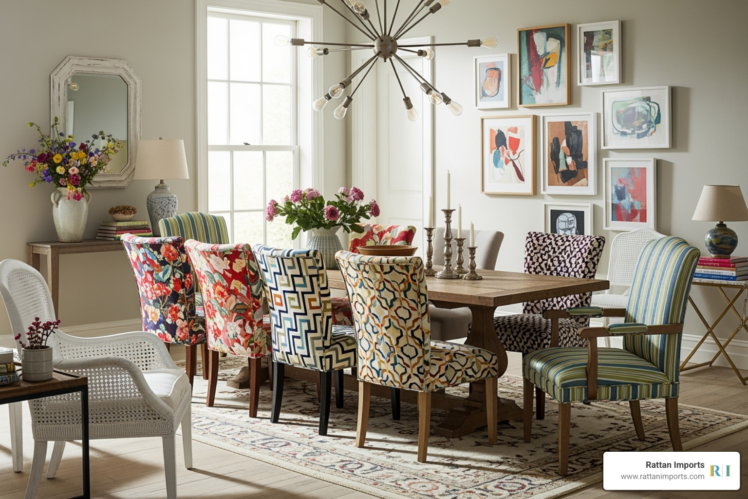 Brightly colored or patterned Parsons chairs mixed with other chair styles - parsons chairs