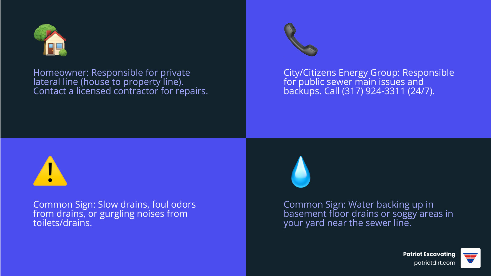 Infographic showing the division between private sewer lateral responsibility (homeowner) and public sewer main responsibility (Citizens Energy Group), including contact numbers for each type of issue and common warning signs of sewer problems - Beech Grove sewer infographic 4_facts_emoji_blue