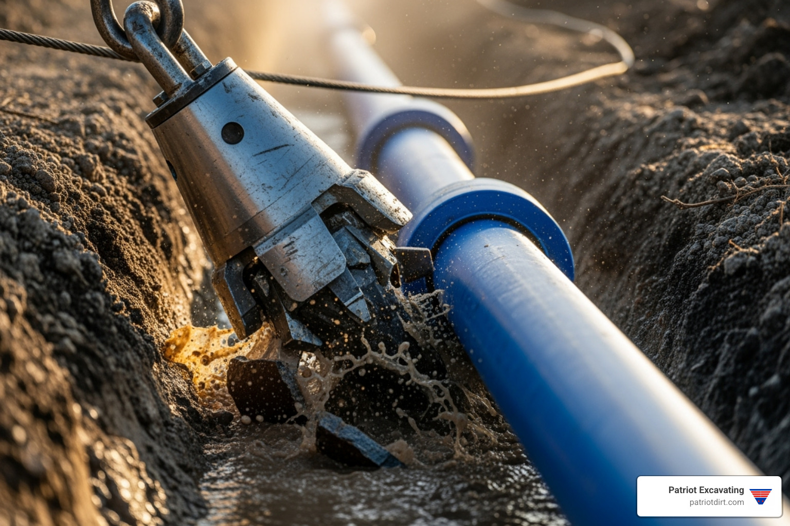 Image of a pipe bursting head pulling a new pipe into place during a trenchless sewer line replacement - Beech Grove sewer