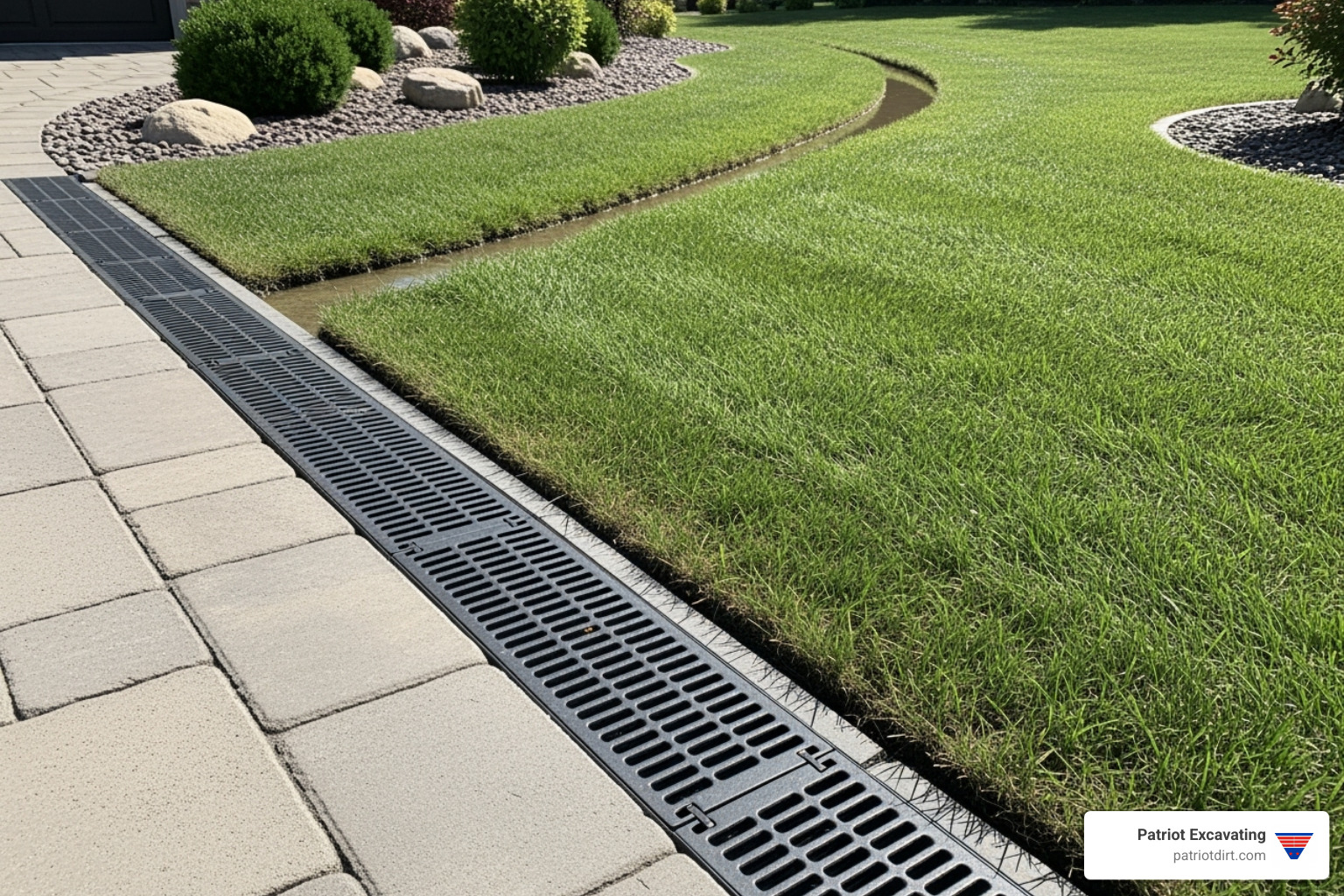 professionally installed channel drain and grass swale - drainage systems professionally installed channel drain and grass swale - drainage systems