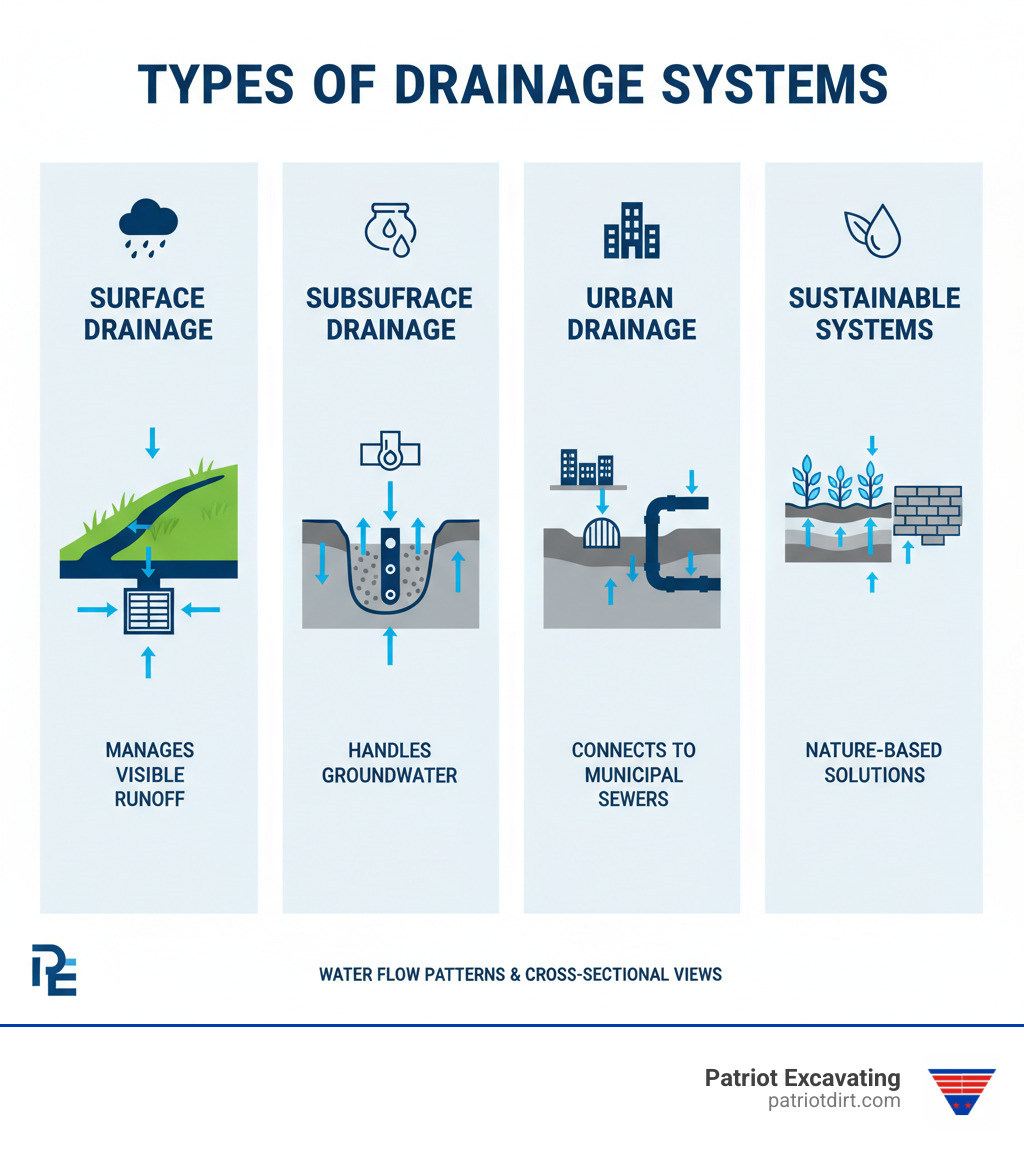 Comprehensive infographic showing the four main types of drainage systems: surface drainage with swales and catch basins managing visible water flow, subsurface drainage with French drains and perforated pipes handling groundwater, urban drainage systems connecting to municipal sewers, and sustainable systems featuring rain gardens and permeable surfaces, with arrows showing water flow patterns and cross-sectional views of each system type - drainage systems infographic Comprehensive infographic showing the four main types of drainage systems: surface drainage with swales and catch basins managing visible water flow, subsurface drainage with French drains and perforated pipes handling groundwater, urban drainage systems connecting to municipal sewers, and sustainable systems featuring rain gardens and permeable surfaces, with arrows showing water flow patterns and cross-sectional views of each system type - drainage systems infographic