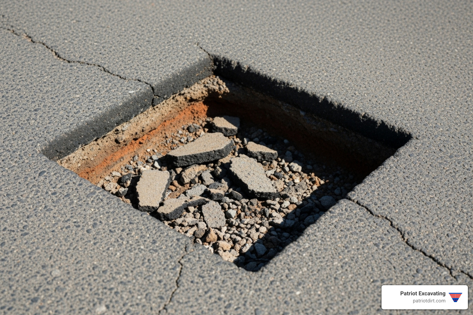 Cleaned-out pothole with squared edges and a loosened base - how to repair a pothole in gravel driveways Cleaned-out pothole with squared edges and a loosened base - how to repair a pothole in gravel driveways