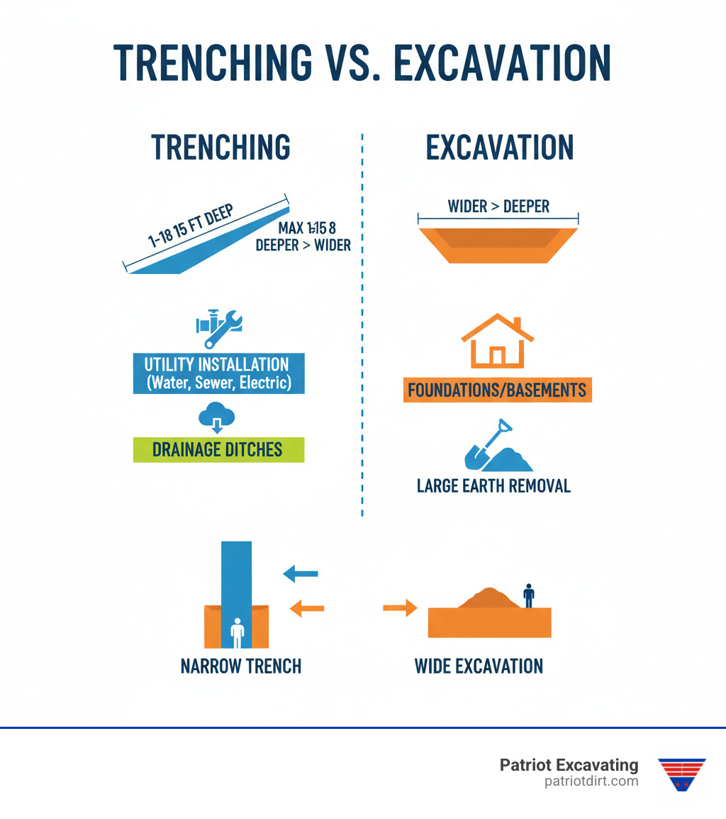 Comprehensive trenching infographic showing the key differences between trenching and excavation, including depth-to-width ratios, typical dimensions of 1-18 feet deep by maximum 15 feet wide, common applications like utility installation and drainage, and visual comparison of narrow trench versus wide excavation - what is trenching infographic 