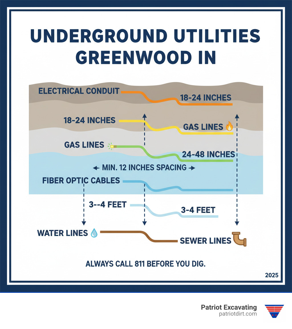 Infographic showing common underground utilities in Greenwood including water lines at 3-4 feet deep, sewer lines at 4-6 feet deep, electrical conduit at 18-24 inches deep, gas lines at 18-24 inches deep, and fiber optic cables at 24-48 inches deep, with proper spacing requirements between utilities - Greenwood IN utility trenching infographic 