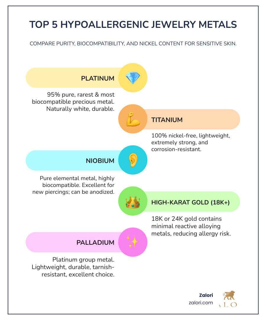 Comparison chart showing hypoallergenic metals ranked by purity levels, nickel content, and biocompatibility ratings with platinum at the top followed by titanium and niobium - hypoallergenic metal jewelry infographic infographic-line-5-steps-colors Comparison chart showing hypoallergenic metals ranked by purity levels, nickel content, and biocompatibility ratings with platinum at the top followed by titanium and niobium - hypoallergenic metal jewelry infographic infographic-line-5-steps-colors