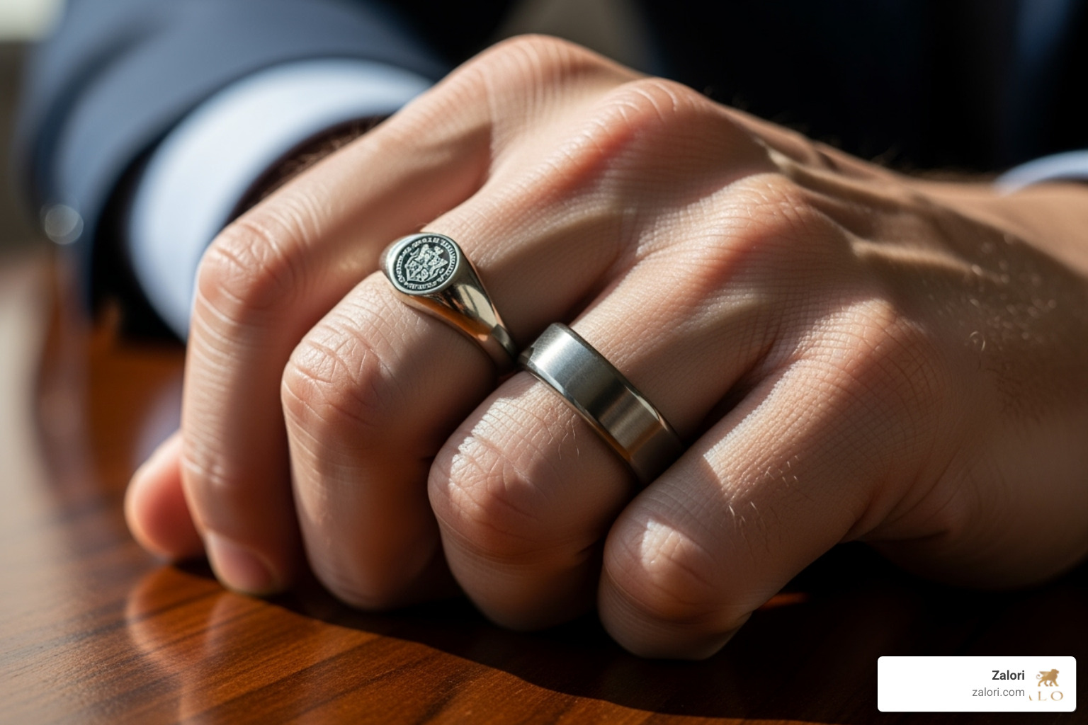 man's hand with a classic signet ring and a modern band ring - luxury men's rings