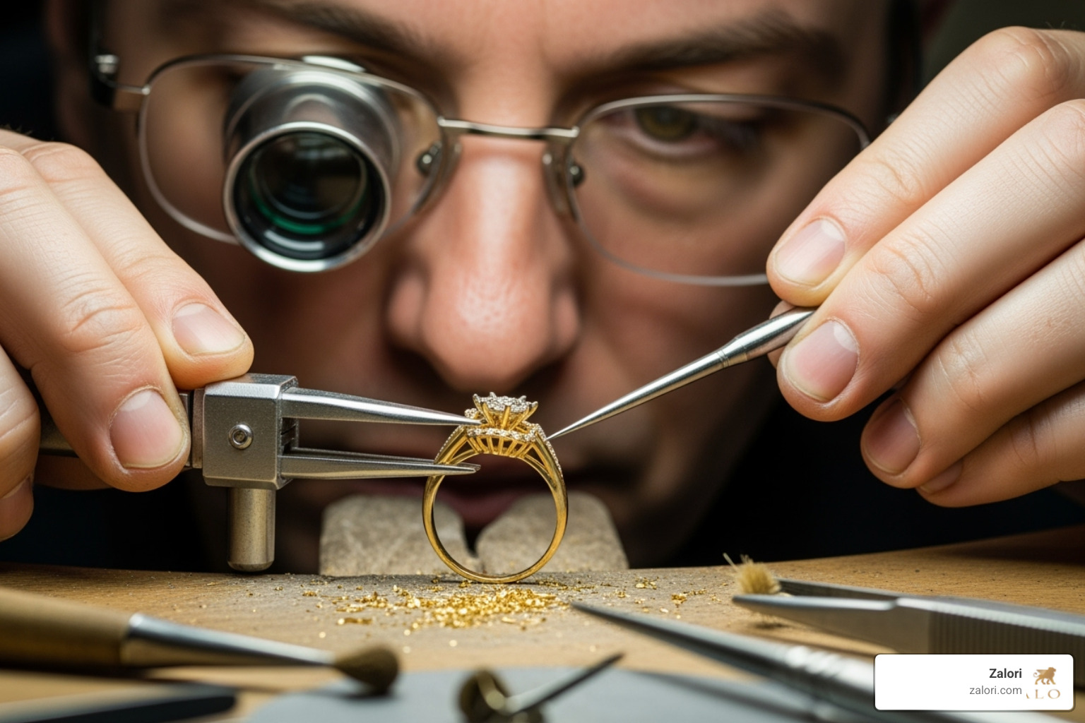 jeweler's hands carefully finishing a gold ring - luxury men's rings