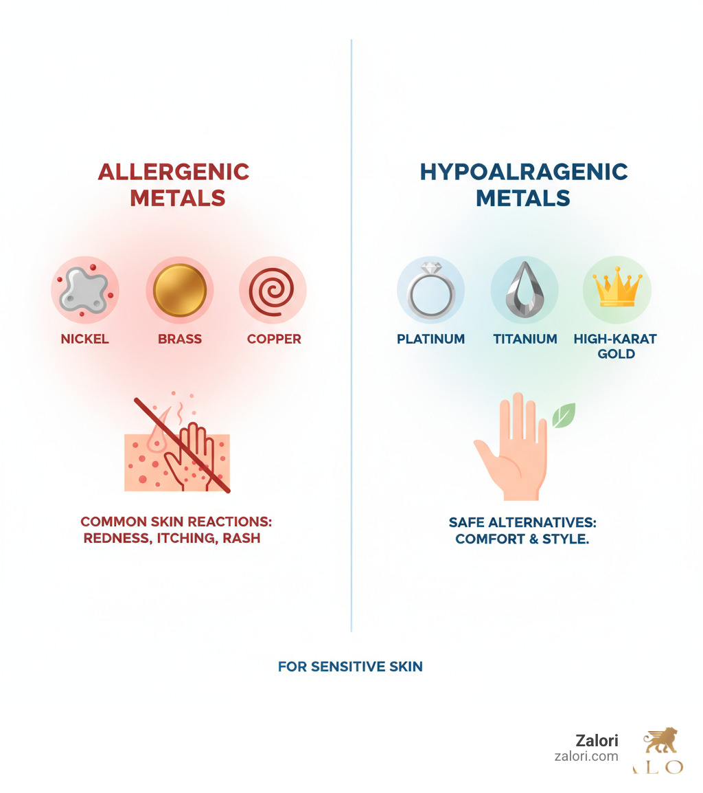 Infographic showing the difference between allergenic metals like nickel, brass, and copper versus hypoallergenic metals like platinum, titanium, and high-karat gold, with icons depicting skin reactions and safe alternatives - best jewelry for sensitive skin infographic Infographic showing the difference between allergenic metals like nickel, brass, and copper versus hypoallergenic metals like platinum, titanium, and high-karat gold, with icons depicting skin reactions and safe alternatives - best jewelry for sensitive skin infographic