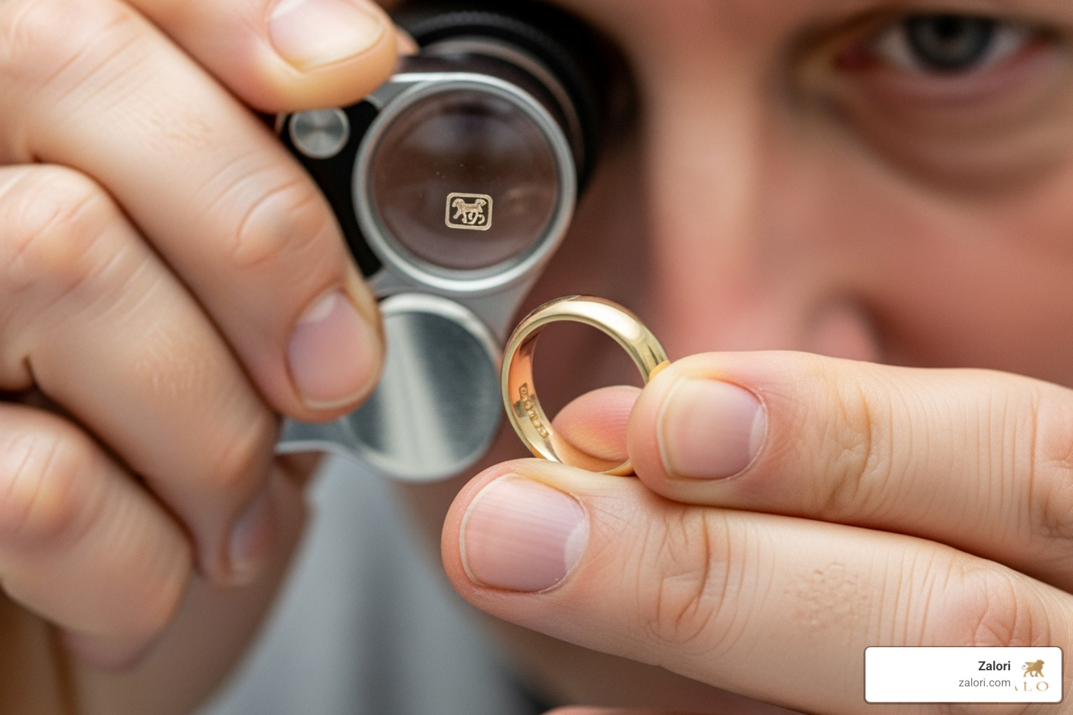person carefully inspecting a ring's hallmark - best jewelry for sensitive skin person carefully inspecting a ring's hallmark - best jewelry for sensitive skin