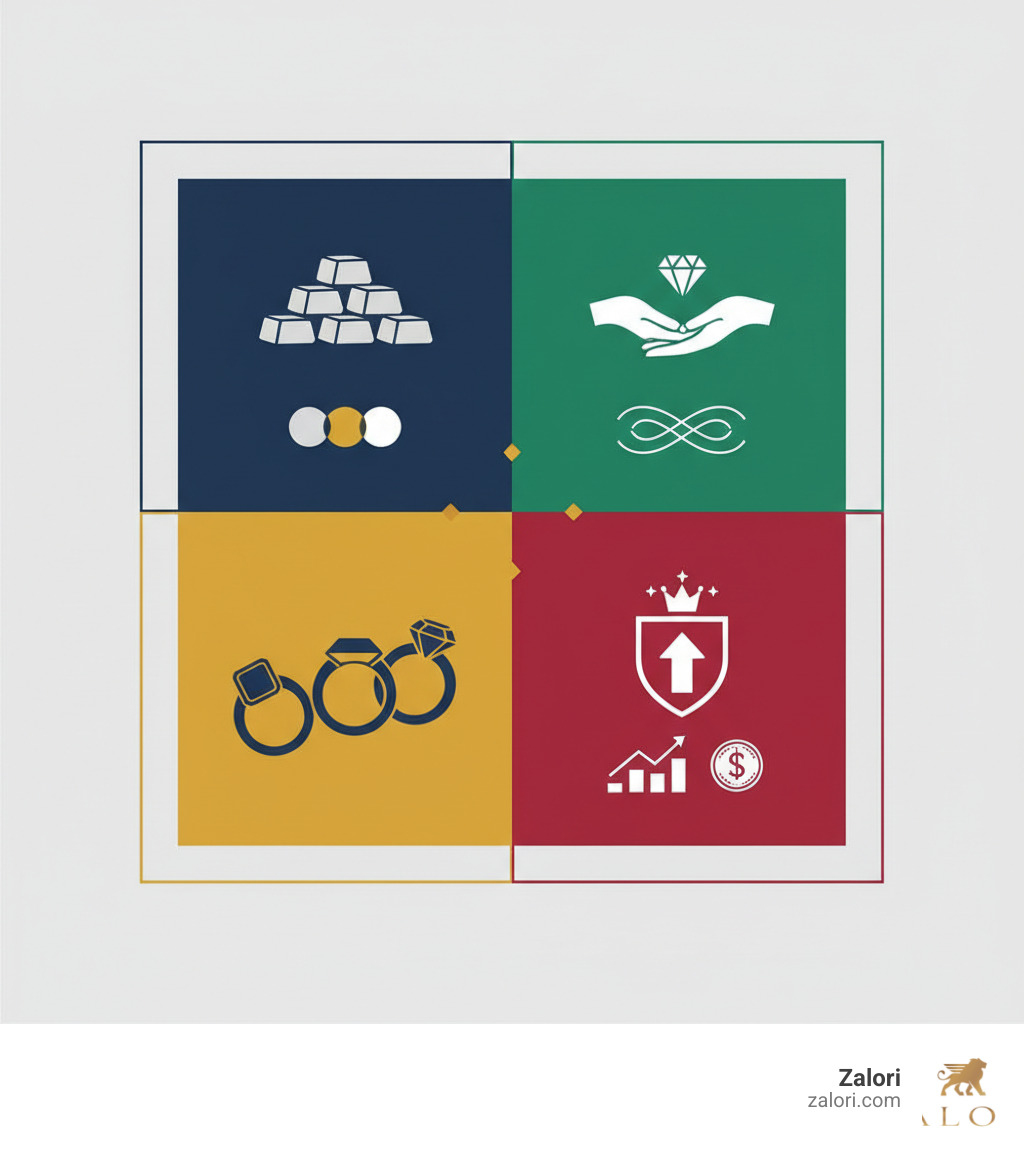 Infographic showing the four pillars of luxury men's rings: Premium Materials (platinum, gold, sterling silver), Expert Craftsmanship (hand-finishing, artisanal techniques), Distinctive Design (signet, band, statement styles), and Investment Value (heirloom quality, market appreciation) - luxury men's rings infographic 