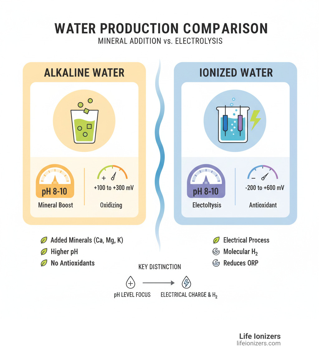 Comparison chart showing alkaline water production through mineral addition versus ionized water production through electrolysis, including pH levels, ORP values, and key properties of each type - difference between alkaline water and ionized water infographic Comparison chart showing alkaline water production through mineral addition versus ionized water production through electrolysis, including pH levels, ORP values, and key properties of each type - difference between alkaline water and ionized water infographic