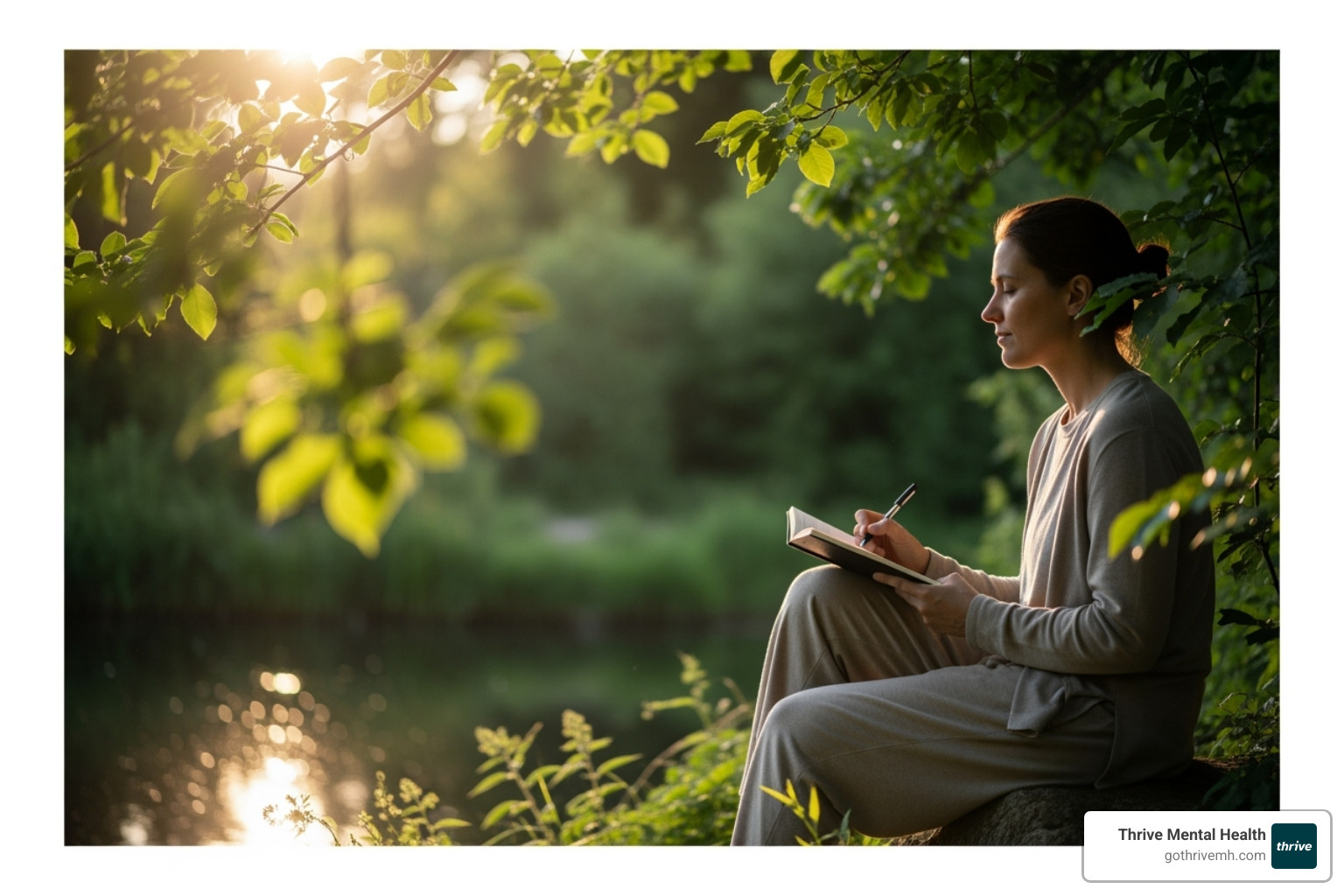 A person journaling or meditating peacefully in a serene environment, reflecting on personal growth - how long are intensive outpatient programs