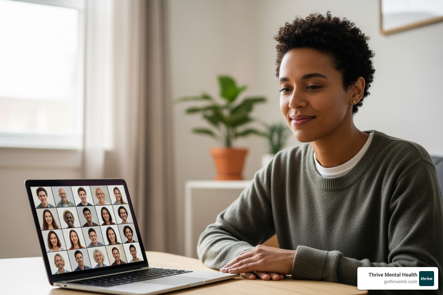 A person participating in a virtual group therapy session on a laptop screen, emphasizing connection and accessibility - how long are intensive outpatient programs