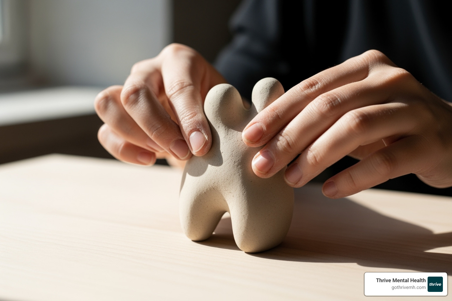 Hands gently shaping a small, abstract clay figure, conveying a sense of introspection and creation. - mental health awareness art projects