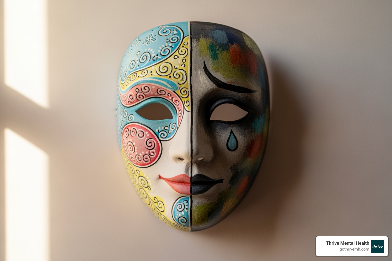 A decorated mask, with one half painted in bright, smiling colors and the other half in muted, somber tones, symbolizing inner and outer emotions. - mental health awareness art projects