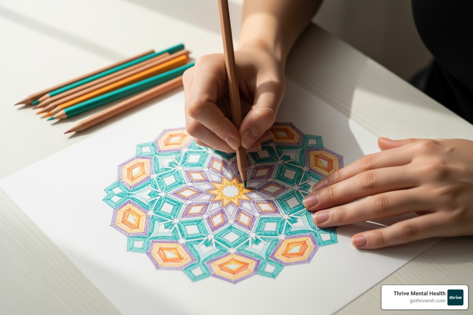 A person's hands coloring a detailed, symmetrical mandala with vibrant colors, illustrating mindfulness and focus. - mental health awareness art projects