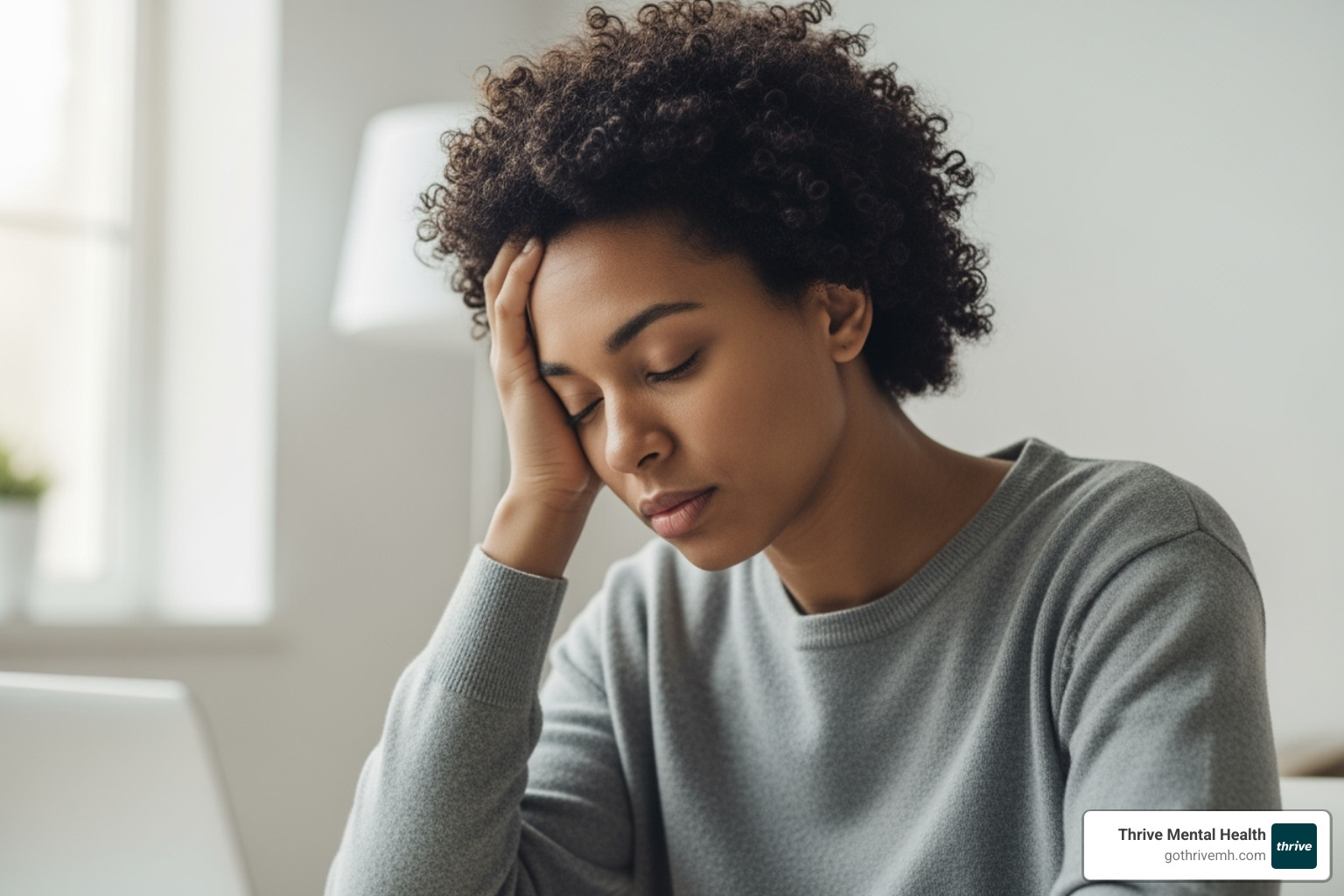 of a person holding their head, indicating a headache or fatigue. - depression symptoms