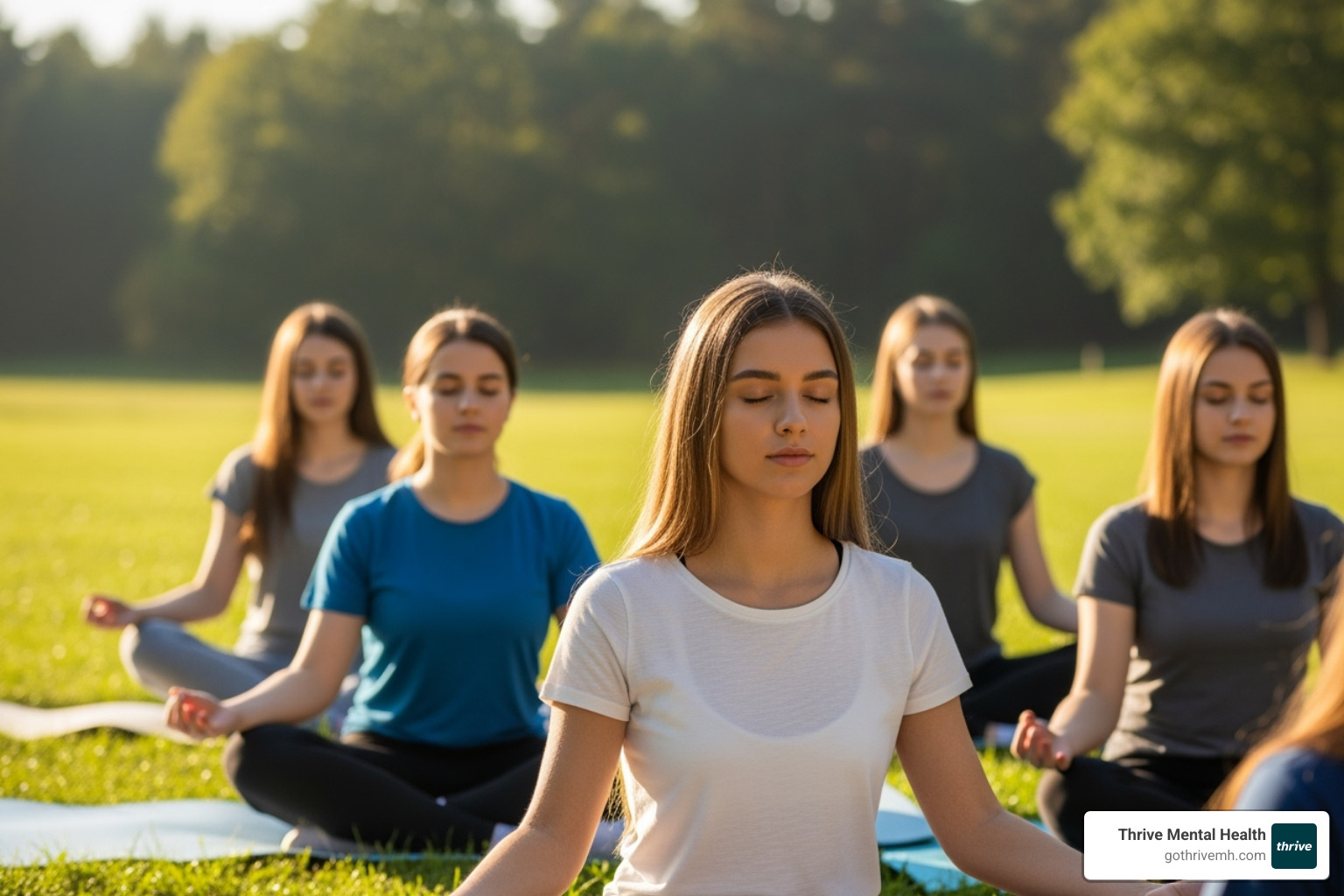 A serene image of a diverse group of teenagers practicing gentle meditation and deep breathing outdoors in a natural, sunlit setting, evoking calm and focus. - stress management for teens
