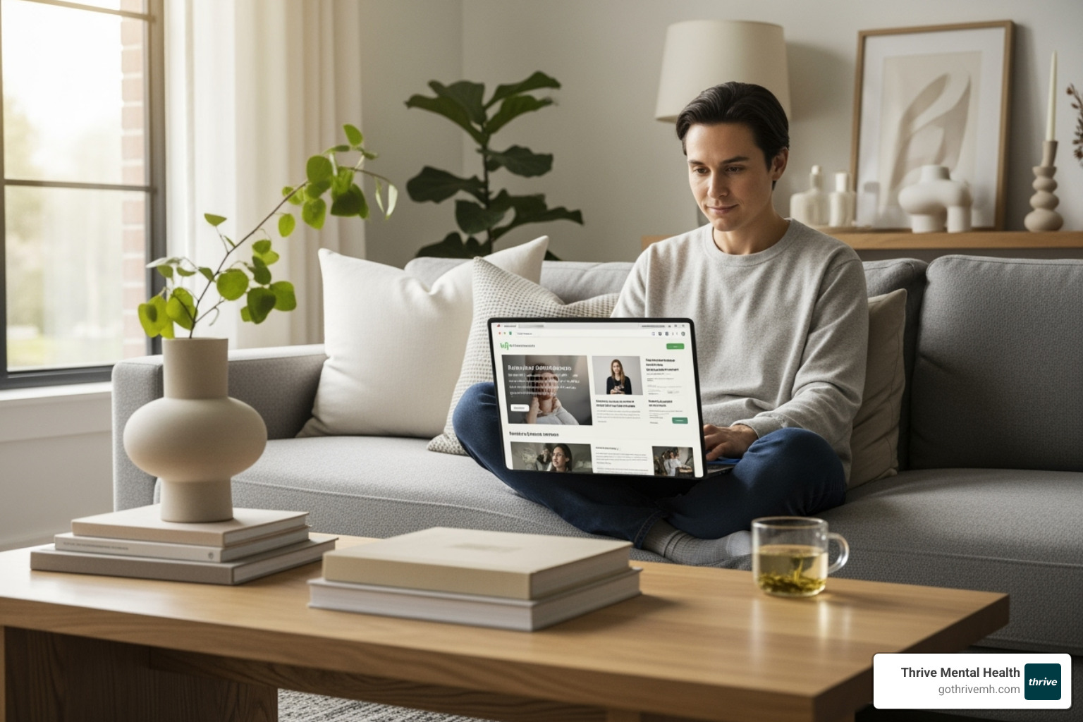 A person sitting comfortably on a couch, using a laptop to research healthcare options, with a warm and inviting atmosphere - autism behavioral health services A person sitting comfortably on a couch, using a laptop to research healthcare options, with a warm and inviting atmosphere - autism behavioral health services