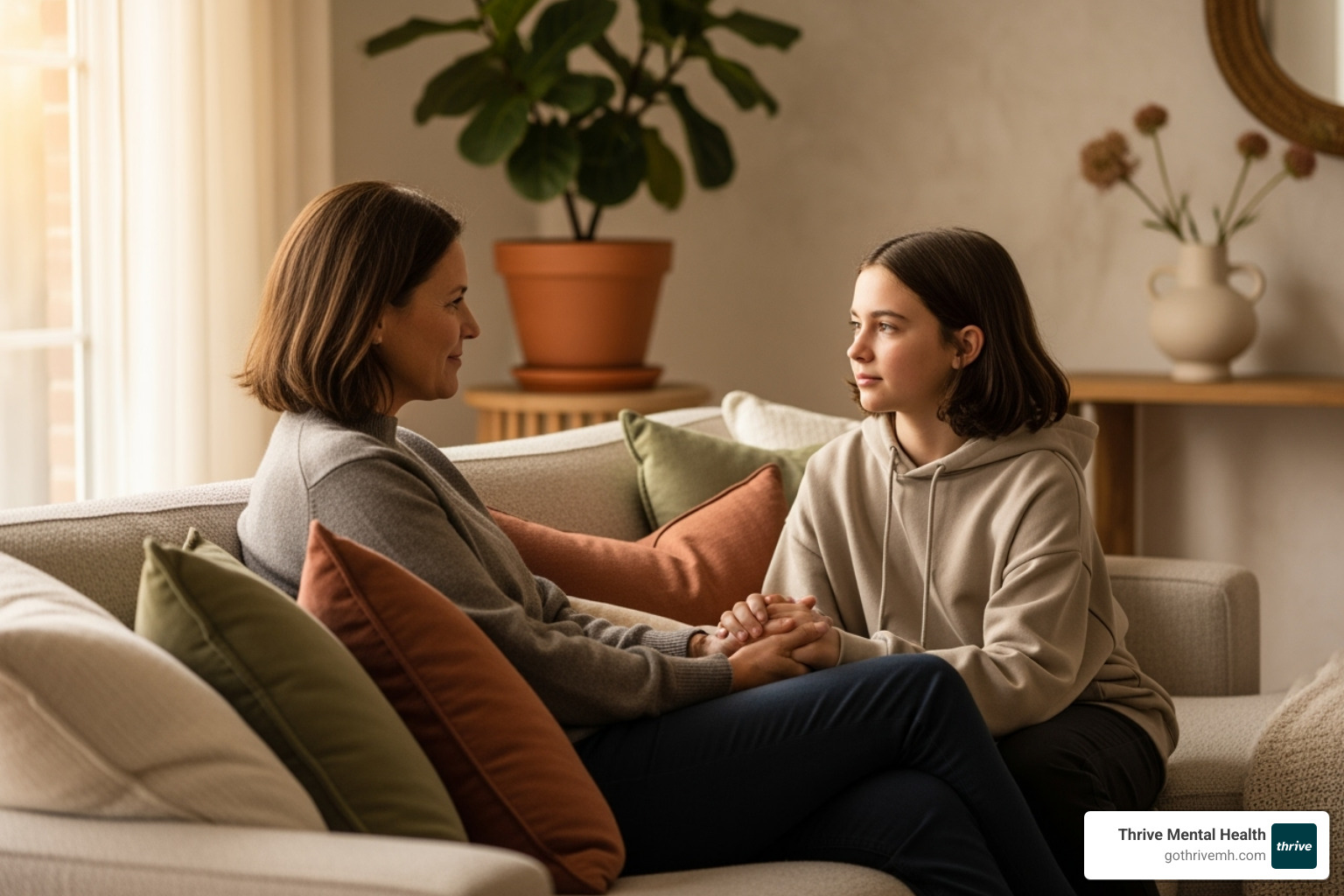 A parent and teenager sitting together on a comfortable couch, engaged in a supportive and empathetic conversation, showcasing the importance of parental involvement in stress management for teens. - stress management for teens