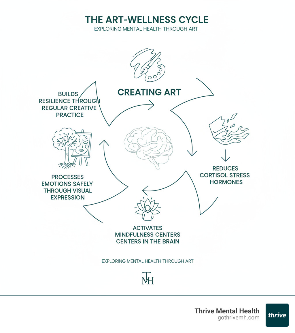 detailed infographic showing the cycle of how creating art reduces cortisol stress hormones, activates mindfulness centers in the brain, processes emotions safely through visual expression, and builds resilience through regular creative practice - exploring mental health through art infographic detailed infographic showing the cycle of how creating art reduces cortisol stress hormones, activates mindfulness centers in the brain, processes emotions safely through visual expression, and builds resilience through regular creative practice - exploring mental health through art infographic