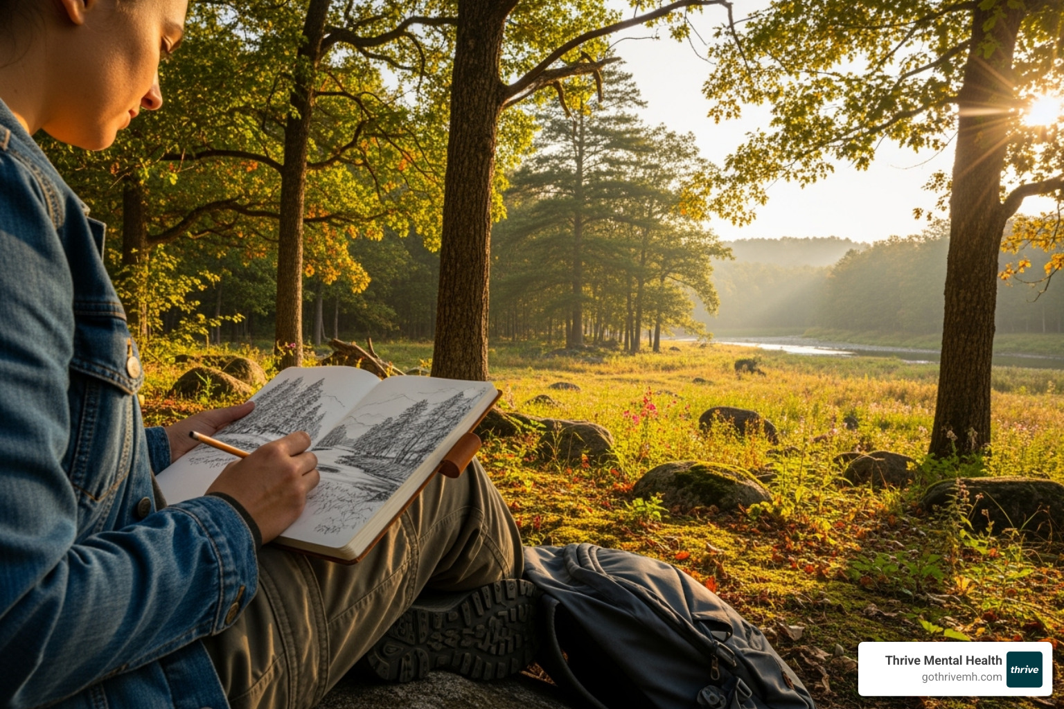 person sketching in a notebook outdoors, surrounded by nature - exploring mental health through art person sketching in a notebook outdoors, surrounded by nature - exploring mental health through art
