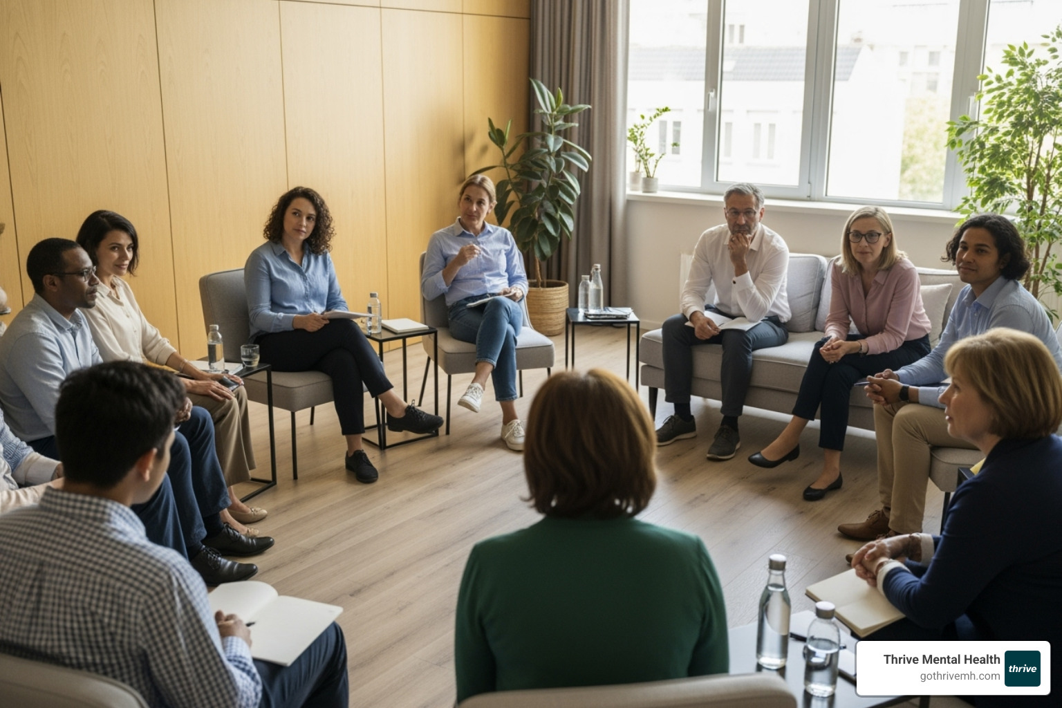 Image of a diverse group of people in a supportive therapy setting - what does dialectical behavior therapy mean