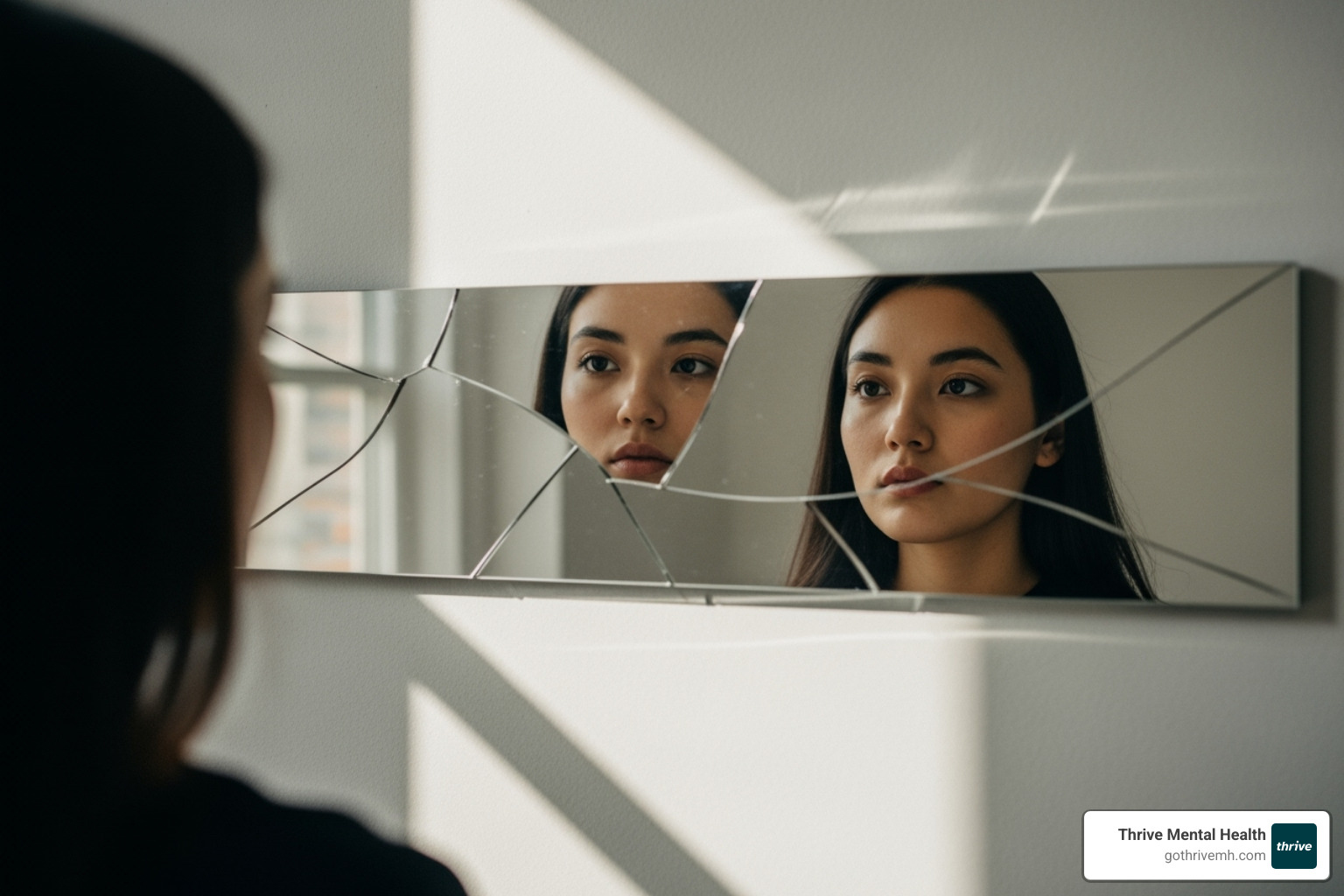 A person looking at a shattered reflection of themselves, symbolizing a distorted sense of self - complex trauma