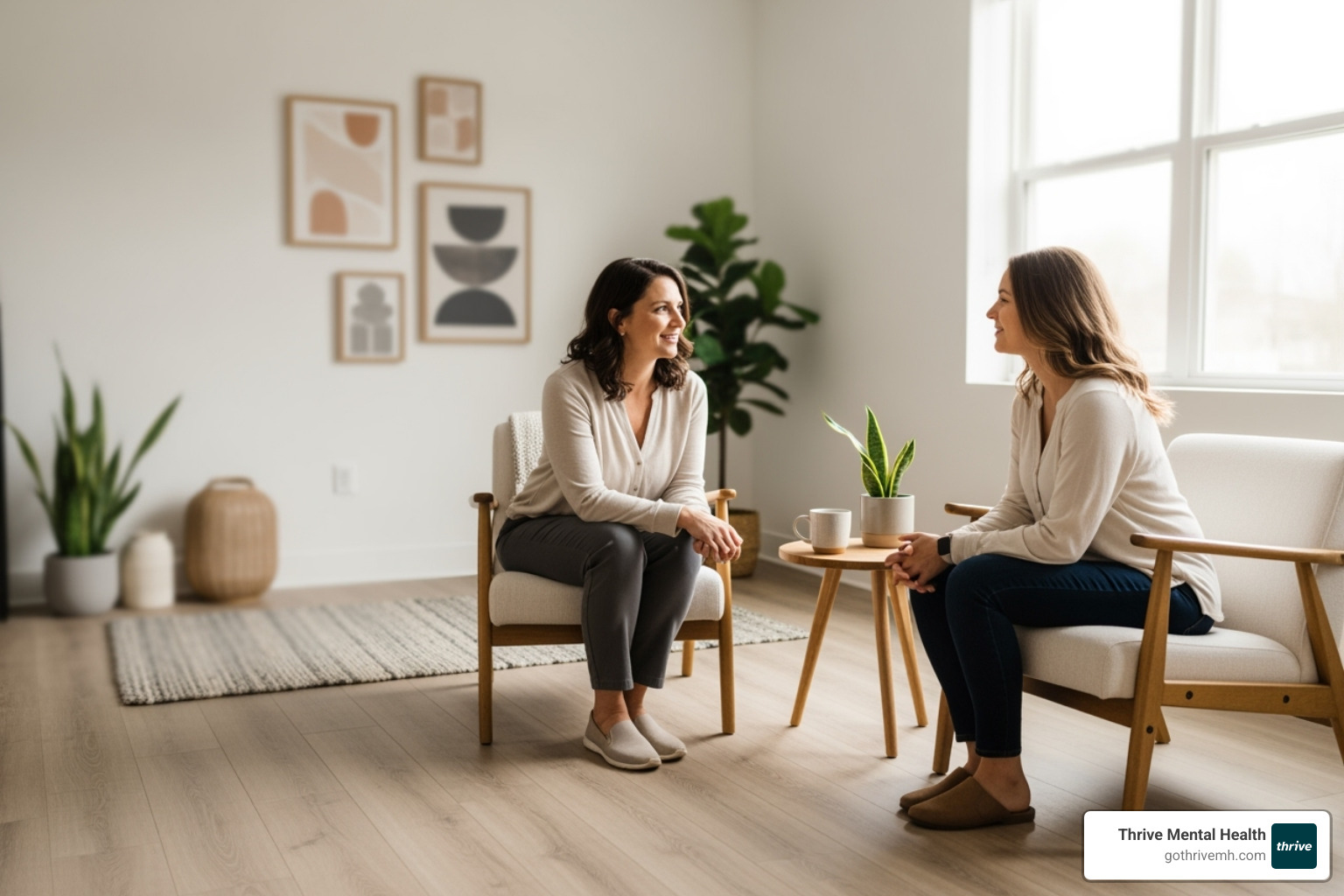 Two people engaged in a supportive therapy session, conveying warmth and connection - complex trauma