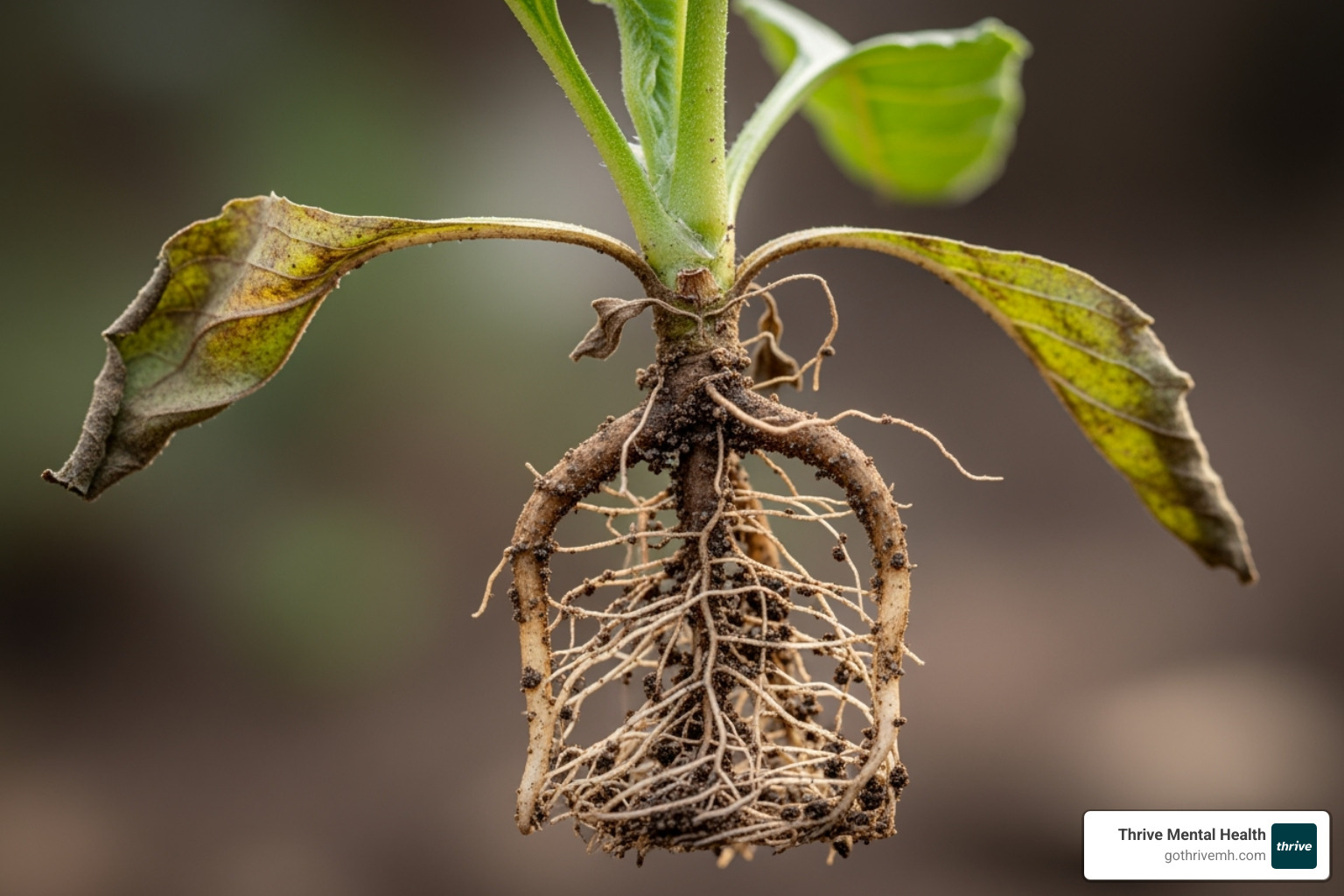 A wilting plant with tangled roots, symbolizing developmental disruption caused by complex trauma - complex trauma
