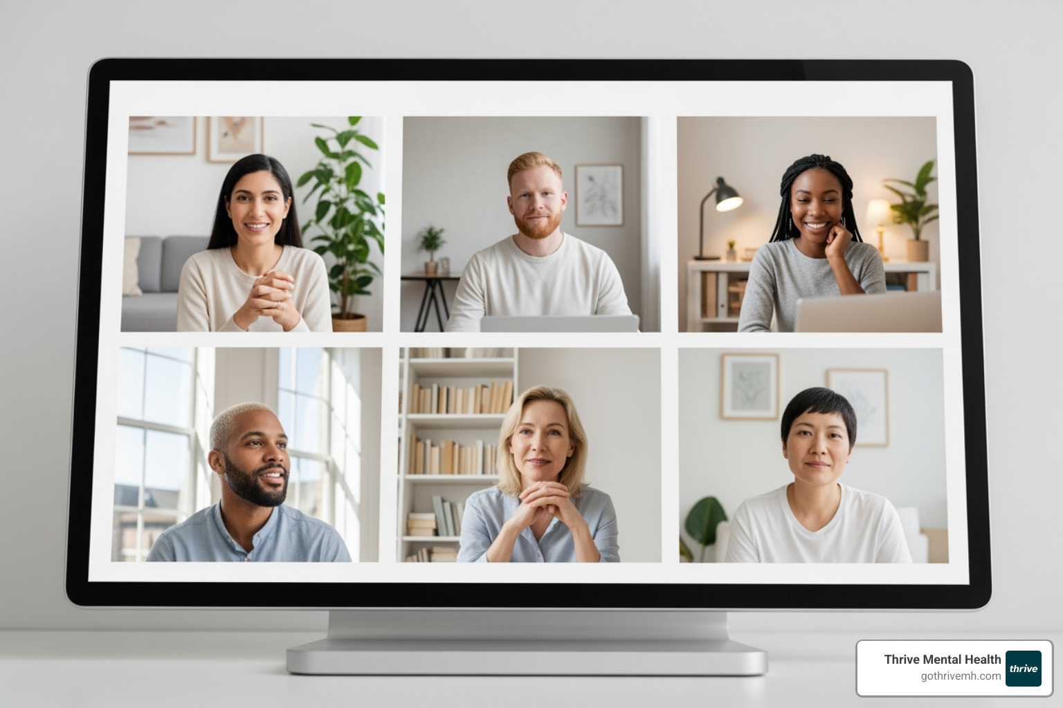 Diverse group therapy session taking place over video conference - iops near me