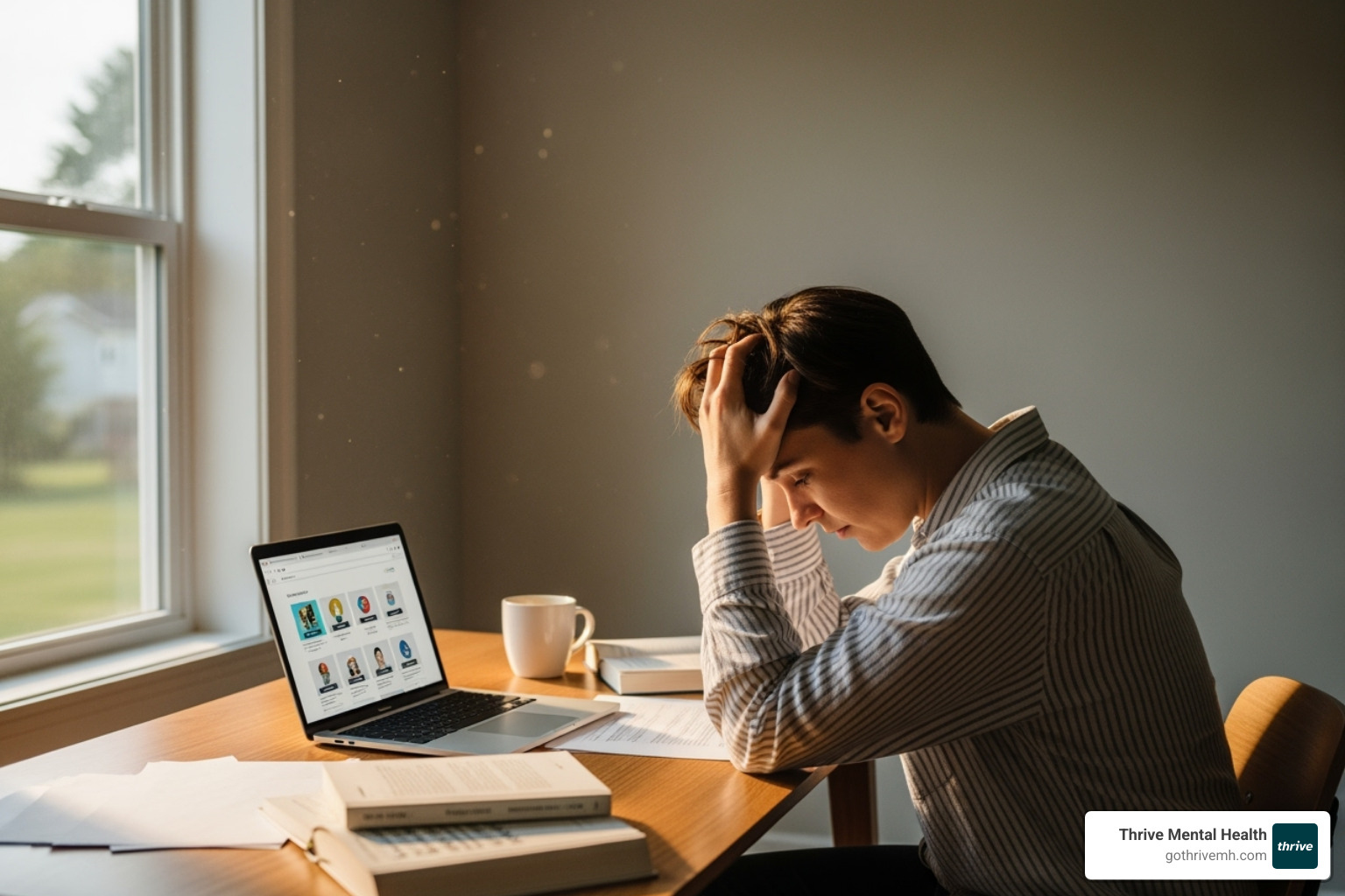 A person looking stressed and overwhelmed at their desk, contemplating mental health options - iops near me