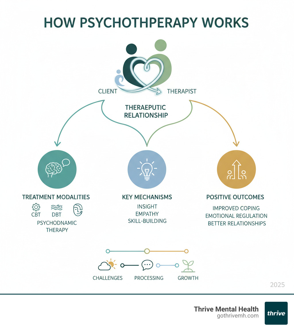 Comprehensive overview showing how psychotherapy works through the therapeutic relationship between client and therapist, including different treatment modalities like CBT, DBT, and psychodynamic therapy, plus outcomes like improved coping skills, emotional regulation, and better relationships - psychotherapy infographic 