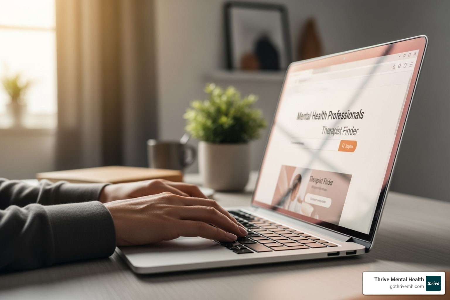 Hands typing on laptop, searching for a therapist. Alt: "Searching for a psychotherapist online." - psychotherapy