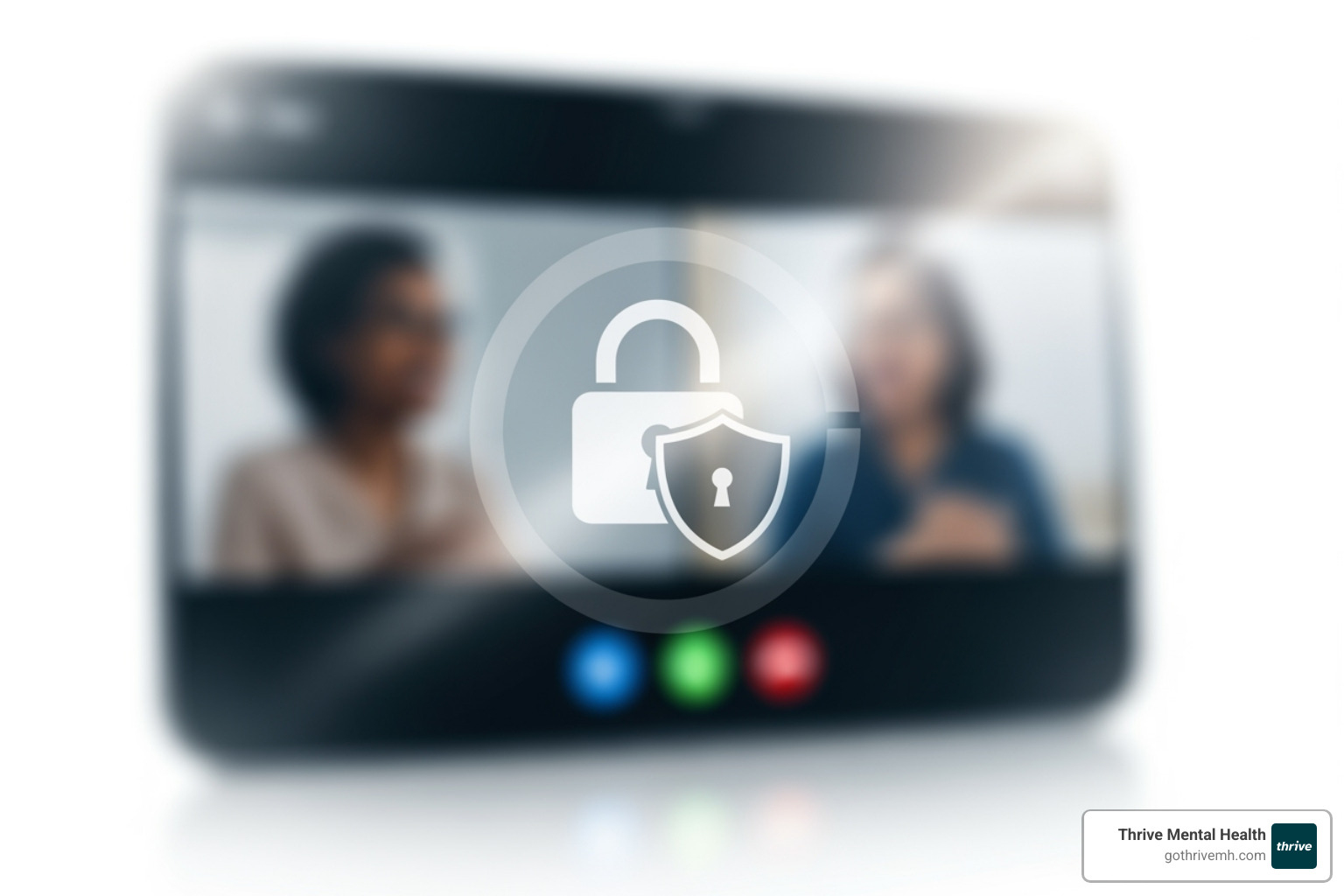 digital lock and shield icon over a video call screen - HIPAA compliant online therapy