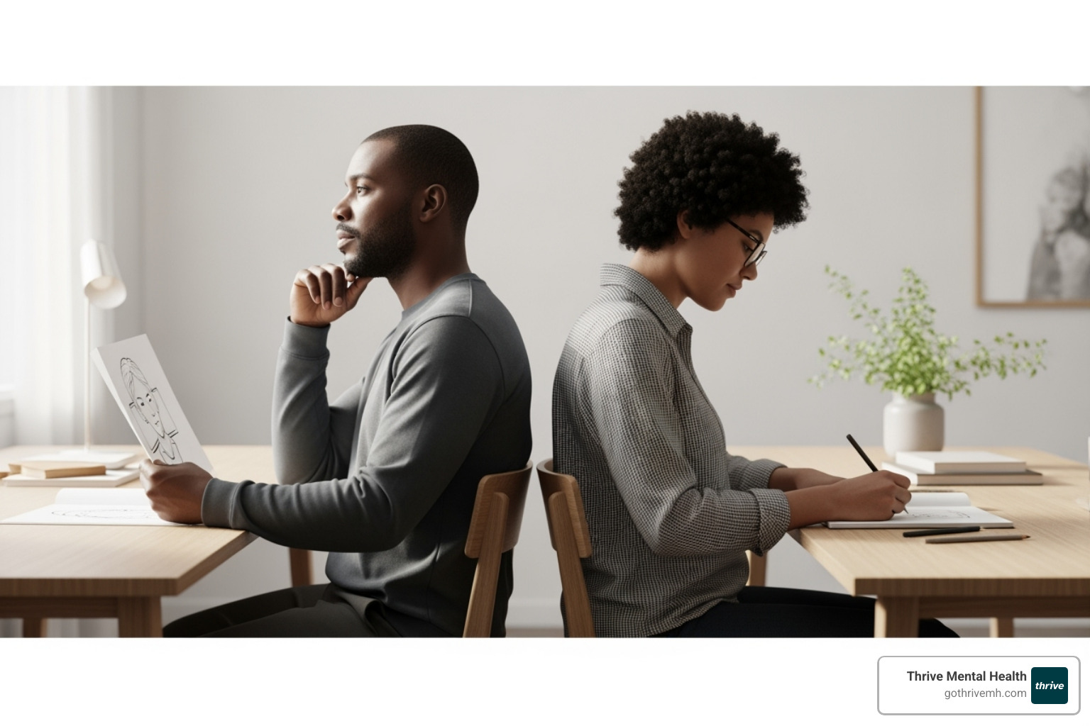 Two people sitting back-to-back, one describing an image while the other draws it, emphasizing clear communication and active listening - mentalization-based therapy activities