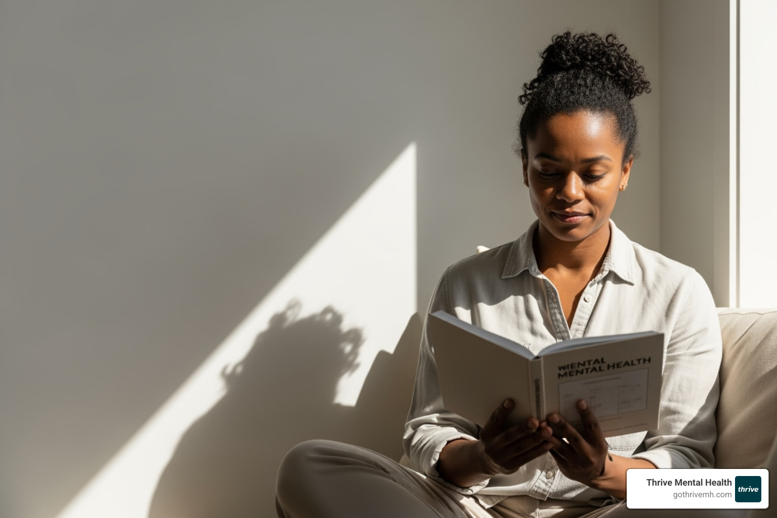 A person sitting calmly, reading a mental health workbook with natural light, symbolizing personal growth and learning in mentalization - mentalization-based therapy activities