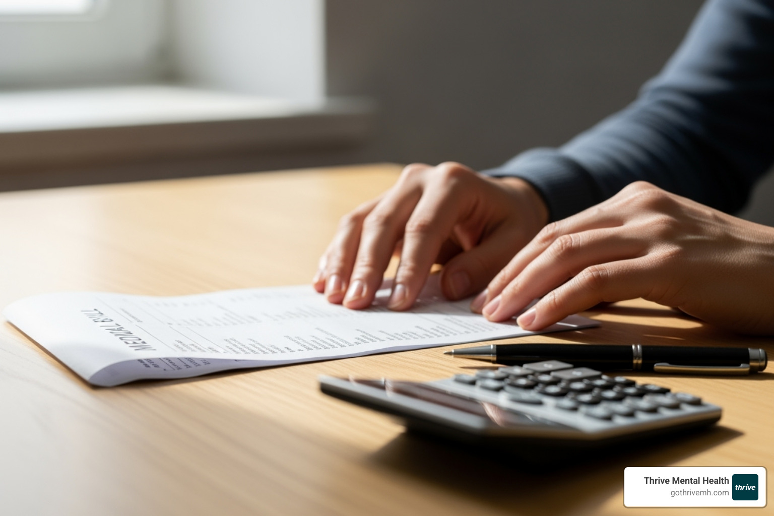 A person looking at a medical bill with a calculator and pen, indicating cost management and review. - medicare mental health coverage