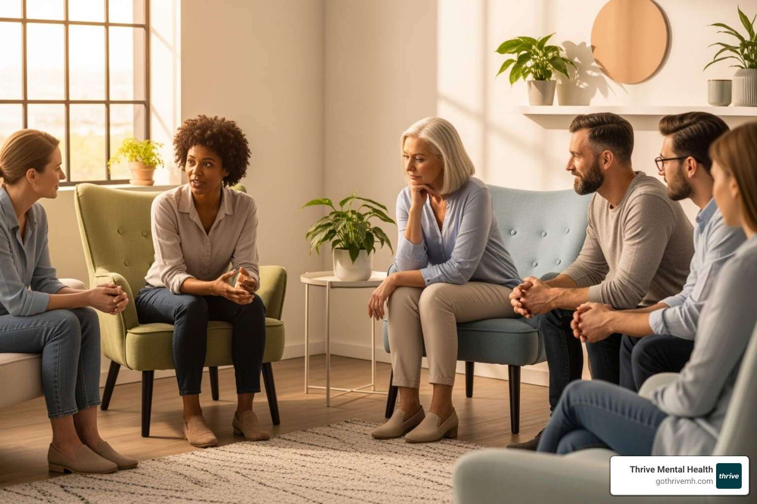 A diverse group of people in a supportive therapy session setting, engaged in discussion and reflection - mentalization-based therapy activities