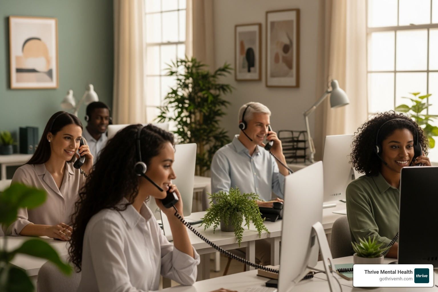A diverse group of people engaged in phone conversations, some with headphones, in a calm and modern setting, symbolizing accessible hotline support - crisis mental health emergency services