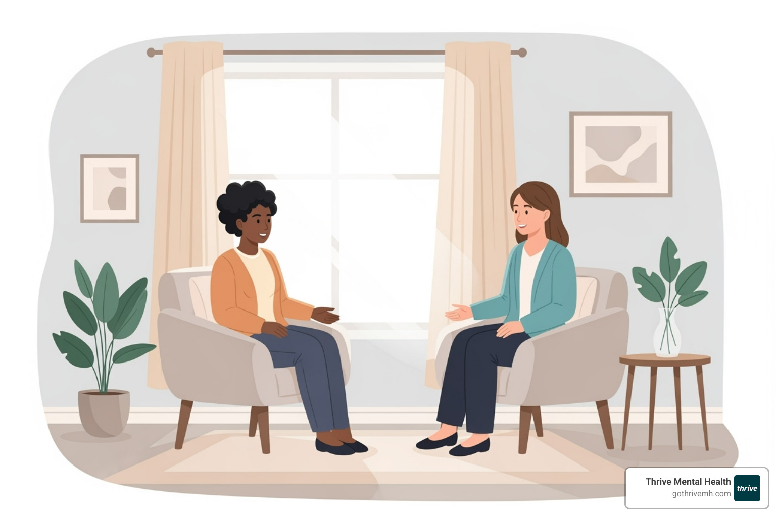A person talking with a therapist in a bright, hopeful setting, symbolizing healing and long-term recovery - crisis mental health emergency services