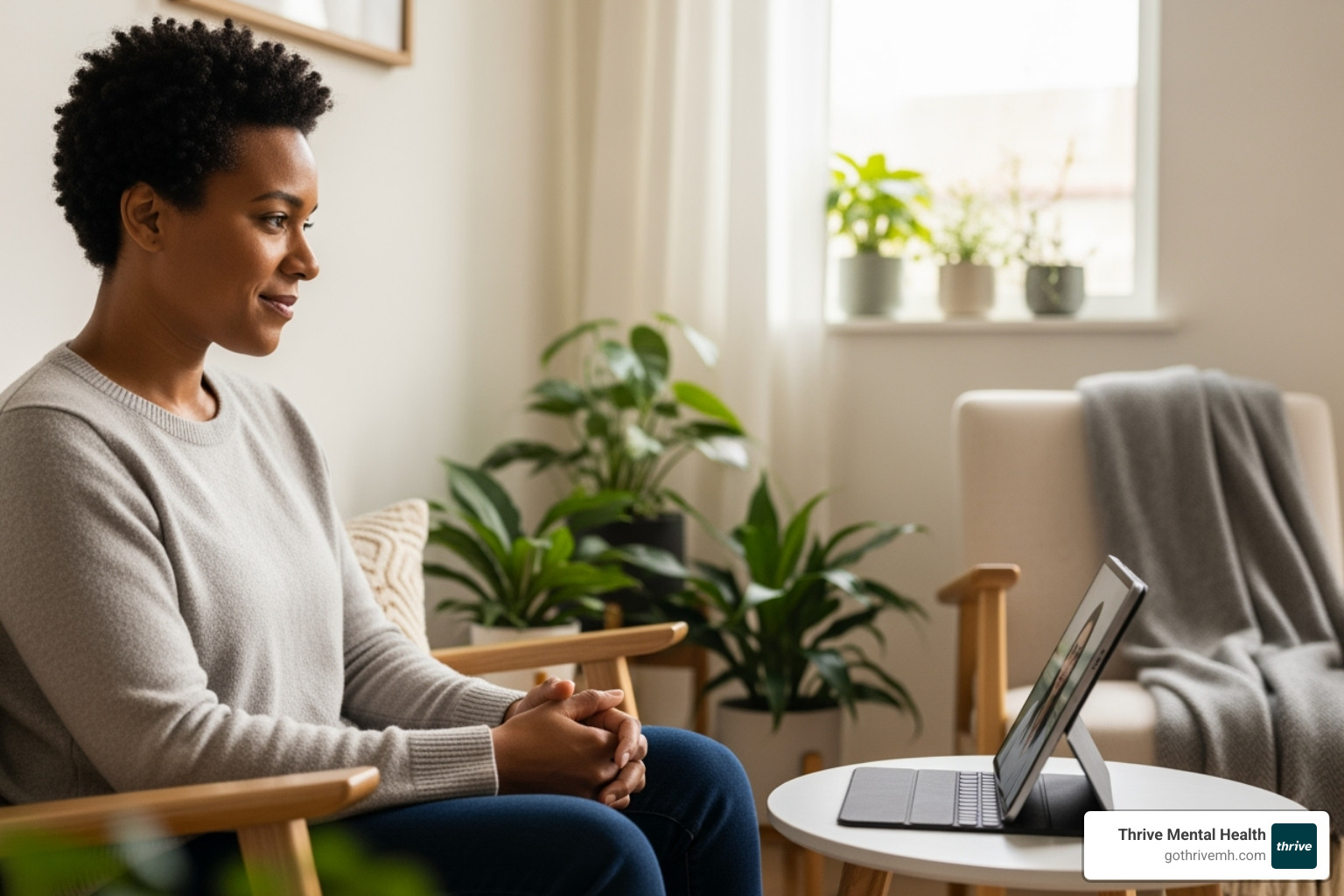 A person in a private, comfortable space having a video therapy session - virtual therapy for depression