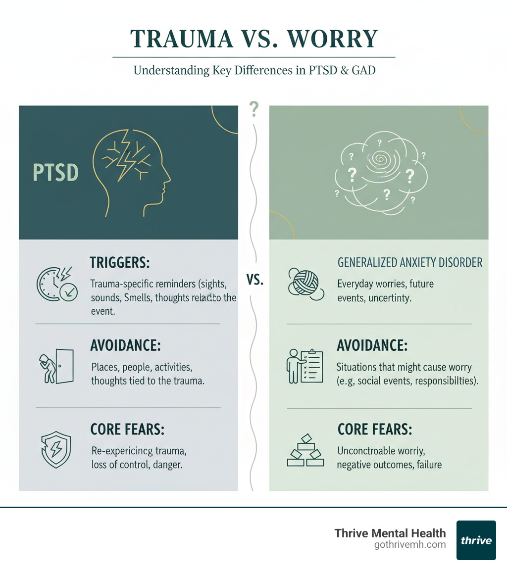 Infographic comparing PTSD symptoms versus Generalized Anxiety Disorder symptoms, showing key differences in triggers, avoidance patterns, and core fears - is ptsd an anxiety disorder infographic 